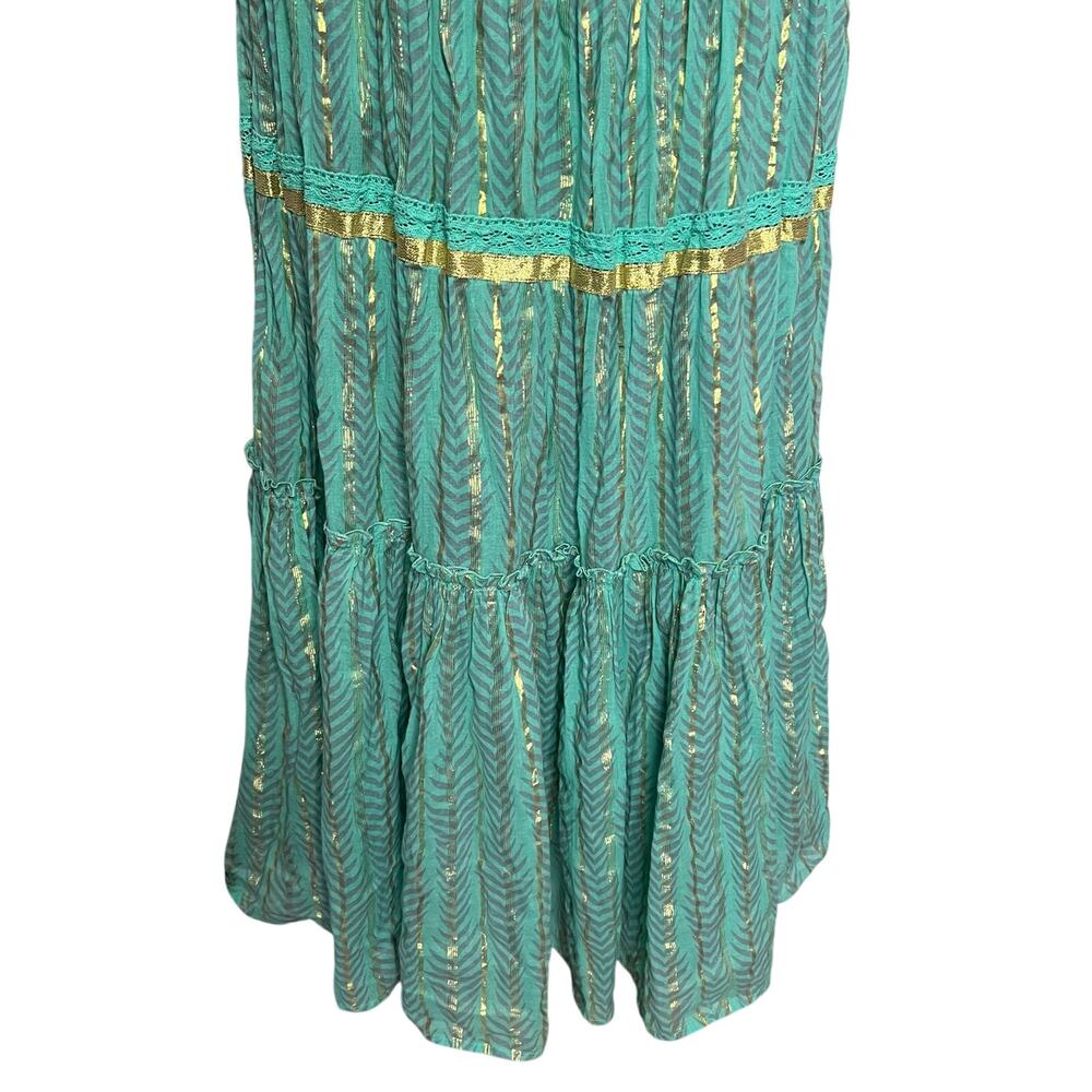 Venus Strapless Dress M/L Womens Bohemian Maxi Metallic Gold Teal Tassel Hippie - Picture 6 of 12